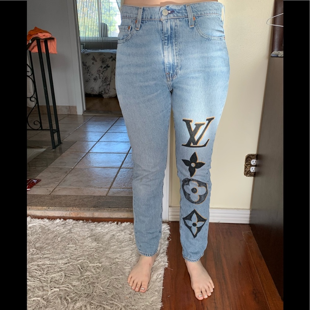 Levi’s 510 woman’s jeans custom panted with Louis Vuitton symbols on leg size 32